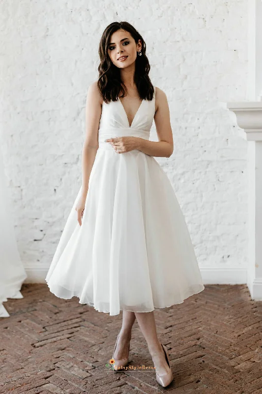 Tea Length Ball Gown V-neck Wedding Dress