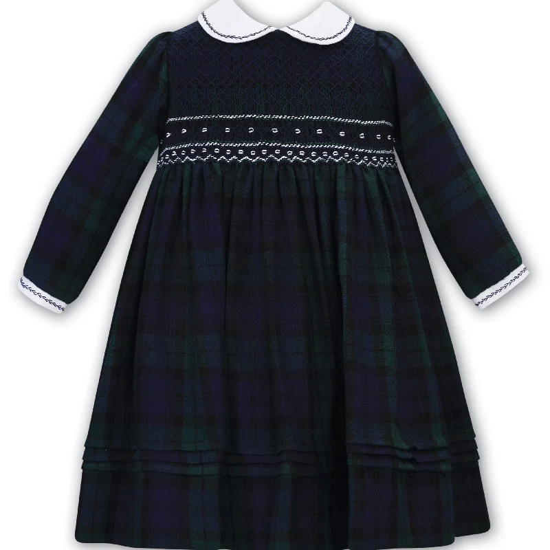 SARAH LOUISE -  Smocked Tartan Dress - Navy