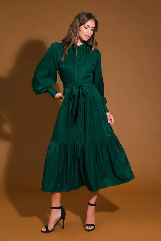 DingJiDress November December Wedding Guest Dress Featuring Round Neckline Long Sleeve With Cuff Bodice Pleating Detail Self Sash Tie Button Down Ruffled Hemline Formal Party Dress