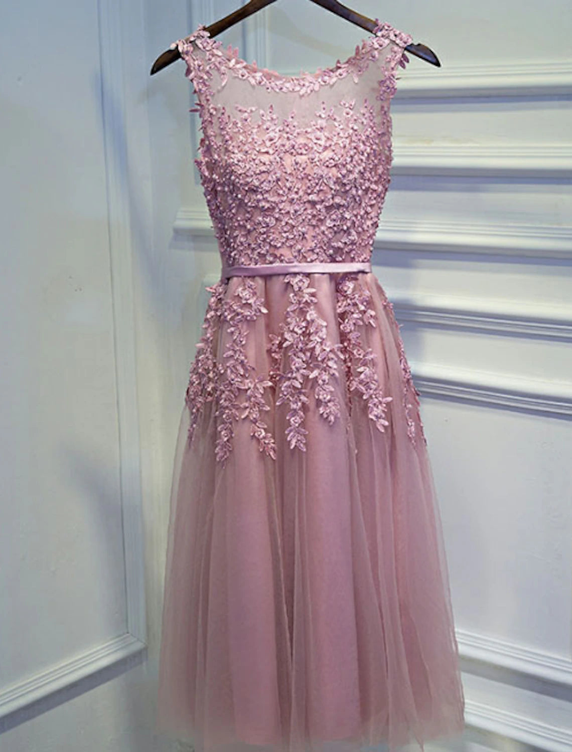 A-Line Cute Formal Evening Dress Jewel Neck Sleeveless Short / Mini Lace with Beading Appliques