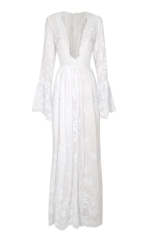 1940s White Floral Cotton Dress with Bell Sleeves